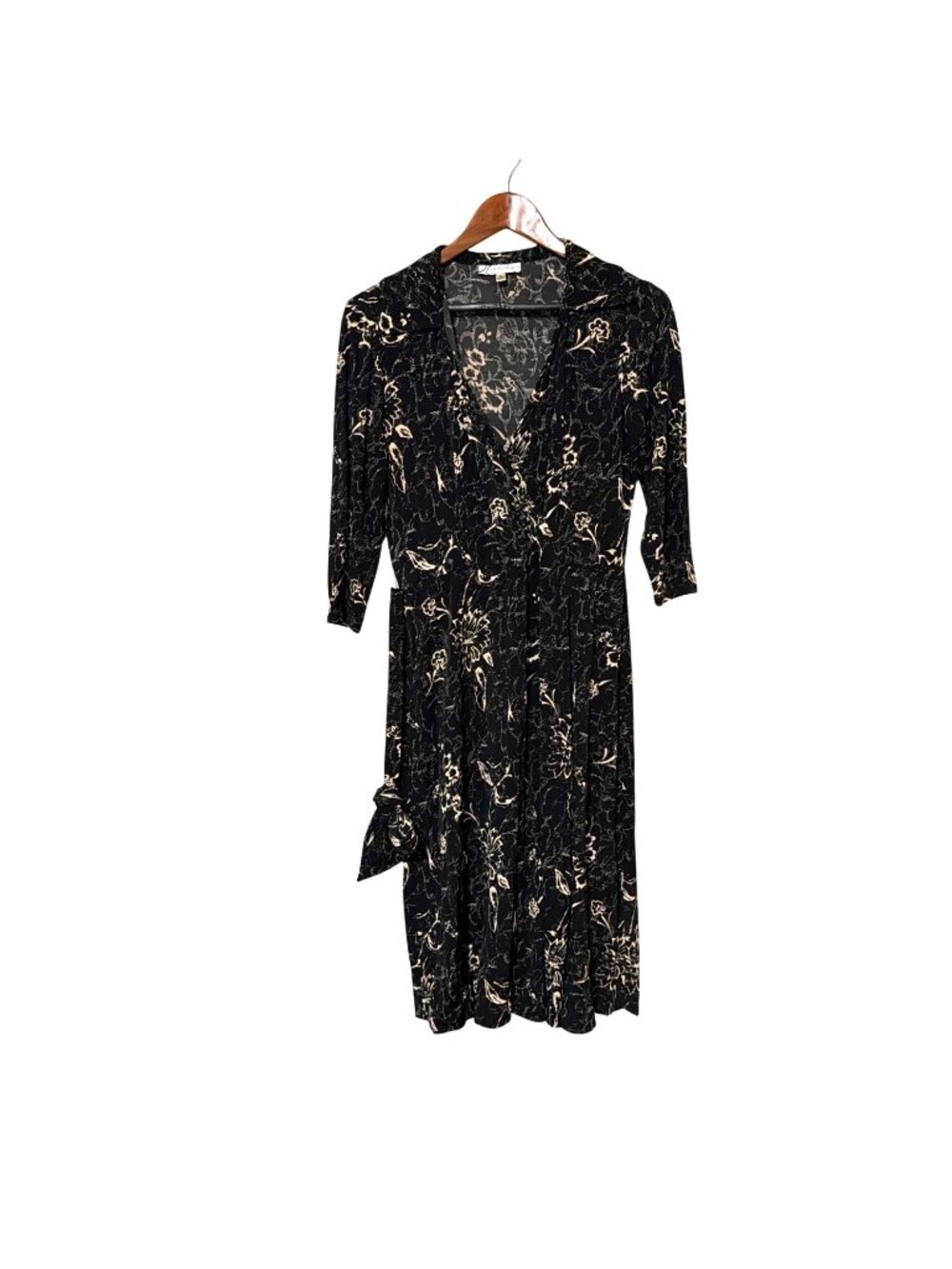 Black‎ & Beige Floral Faux Wrap Dress With 3/4 Sleeves Belt Size 8 By Dressbarn
